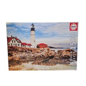 Lighthouse on Rocky Shoreline Scene New Sealed 85x60 cm Educa Puzzle 1500 Pieces